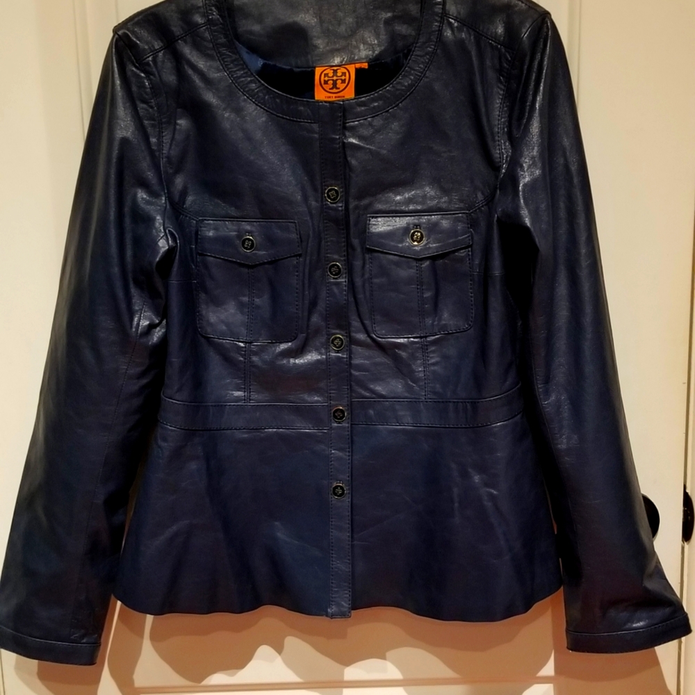 TORY BURCH WOMENS BLUE LEATHER JACKET XL